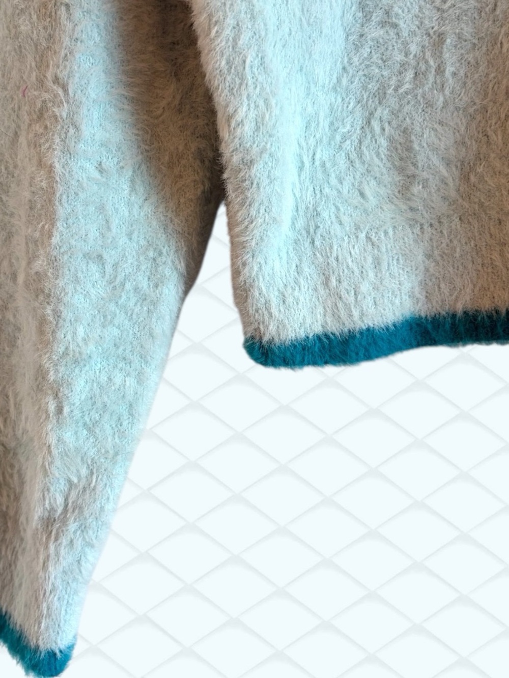 Simons Light Blue Fuzzy Polo Sweater with Teal Hem - Picture 2 of 6